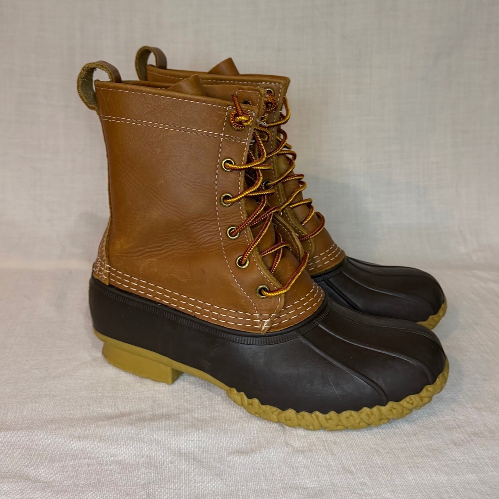 LL Bean Boots 8 Inch Duck Boots Brown Tan Leather Waterproof Mens 10 Made in USA